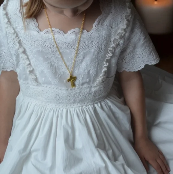 White Lace Dress with Floral Headband First Communion Gown